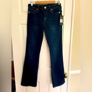 NWT True Religion BECCA Jeans: Blue Mid-Rise Bootcut Gold Hardware Logo 29